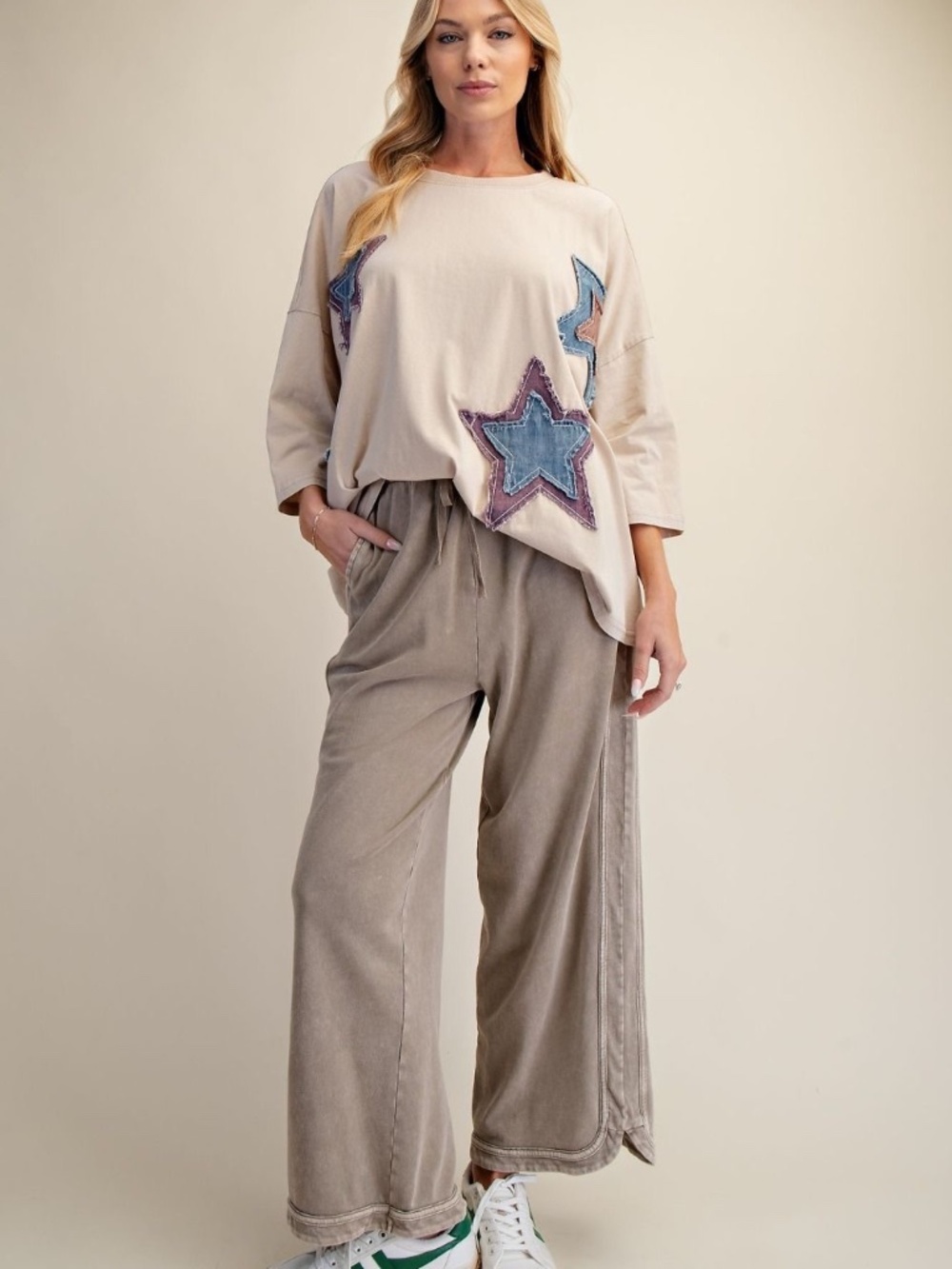 New Easel Mineral Wash Star Patchwork Patch Top Shirt Pullover Cotton Oversized - Picture 6 of 8